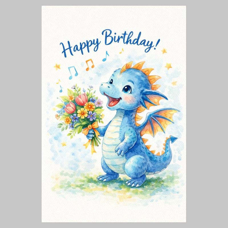 Blauer Drache mit Blumenstrauß