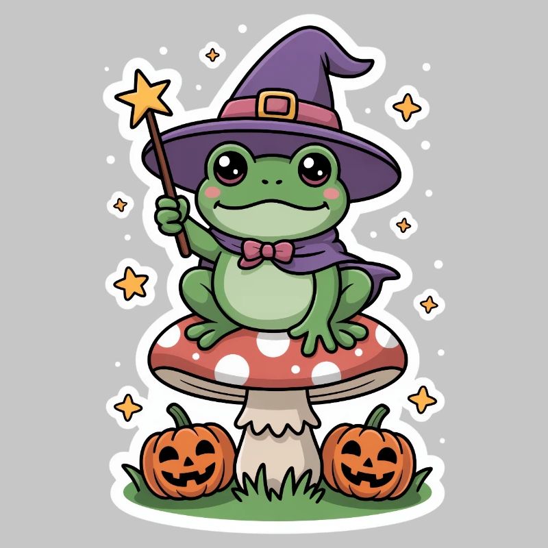 Halloween witch frog on fly agaric with pumpkin