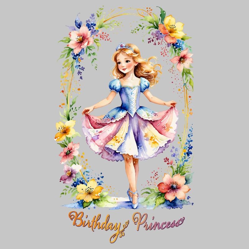 Aquarelle Anniversaire Princesse Dans Cadre Fleur