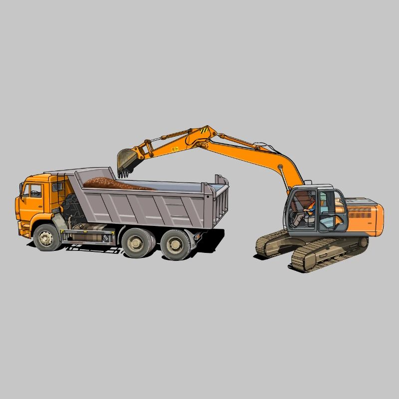 Excavator loads trucks