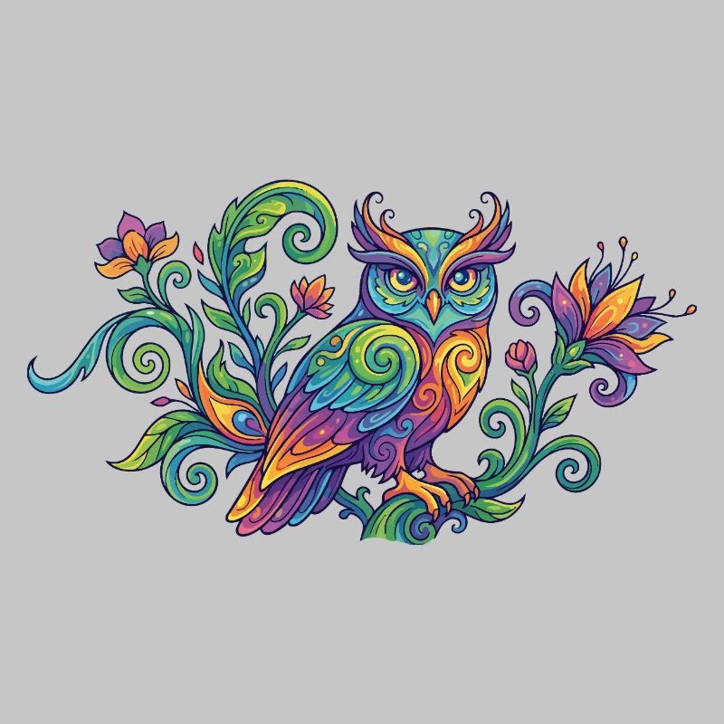 Farbenfrohe Eule im Baum mit Blüten Ornamenten