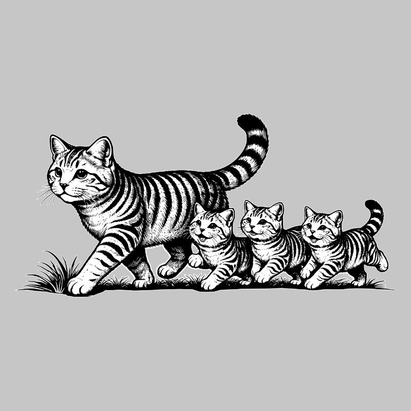 Mère chatte avec 3 chatons, noir et blanc