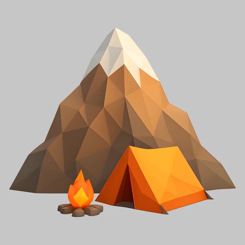 Low-poly mountain camp with tent and fire