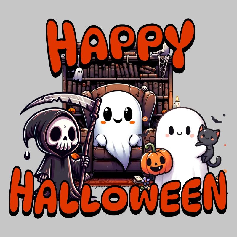 Cute Ghosts Halloween Scene with Pumpkin