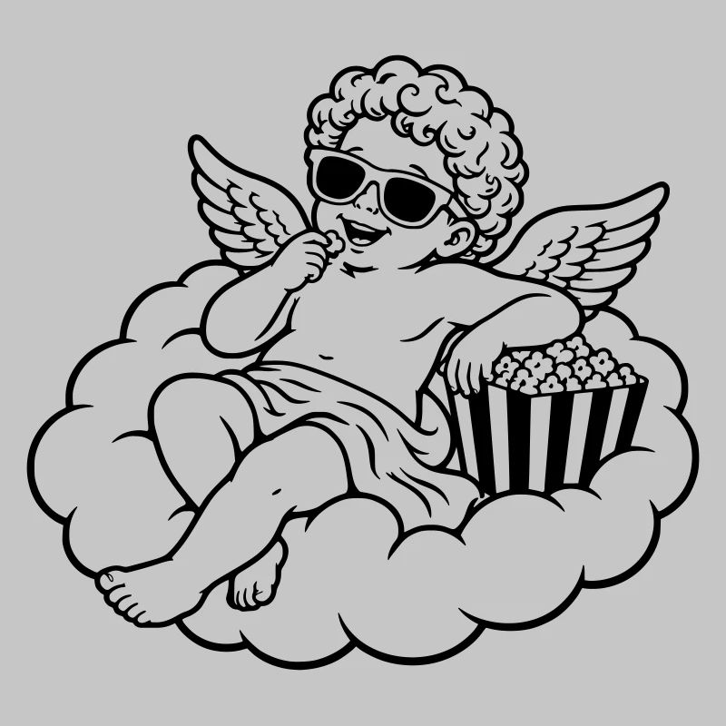 Un chérubin frissonne avec du pop-corn sur un nuage