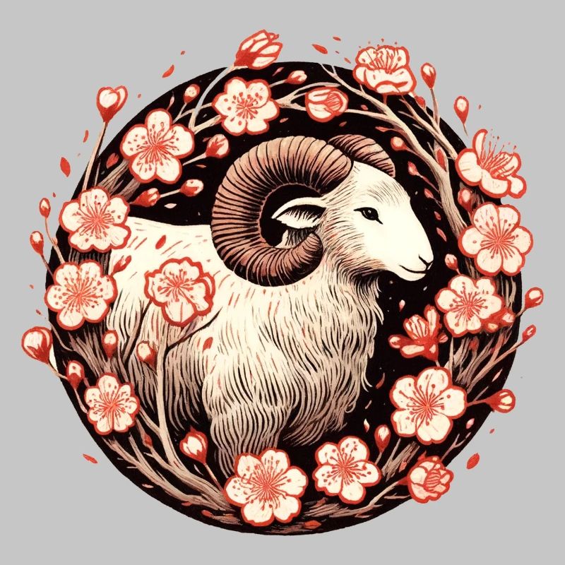 Crimson Ram Amid Blossoms
