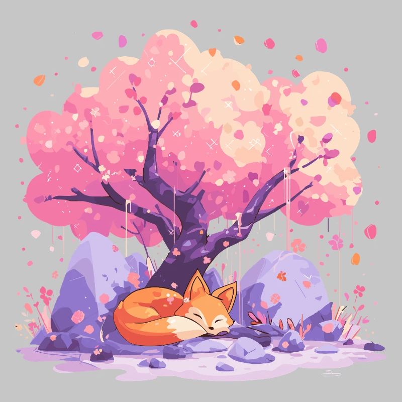 Sleeping fox under cherry tree