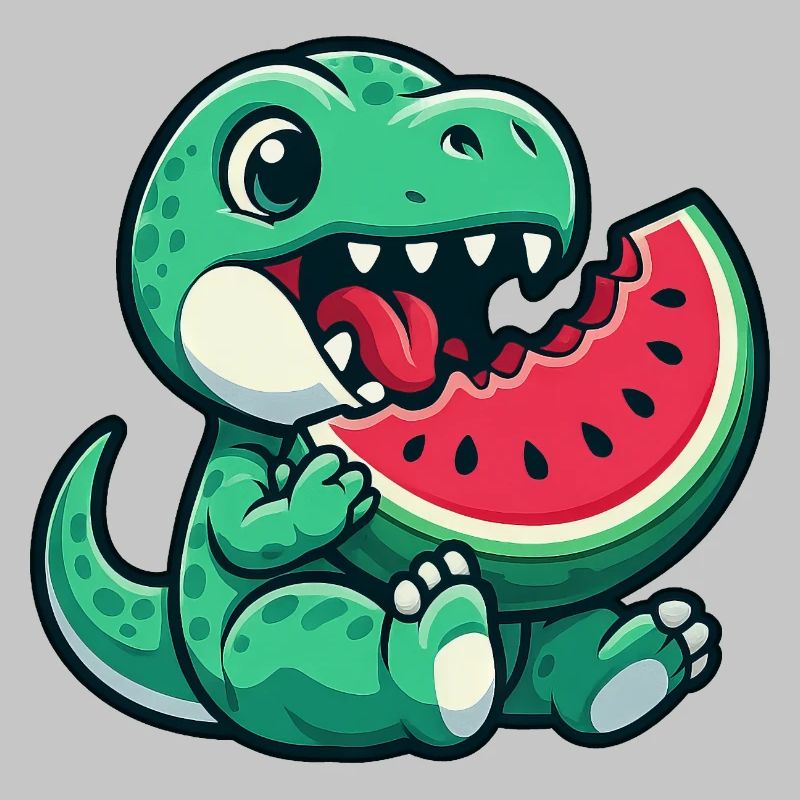 Dino T-Rex avec plaisir aux fruits d’été à la pastèque