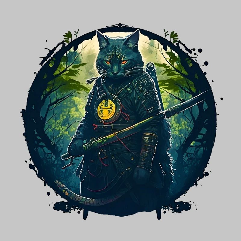 Katze als Samurai in Wald
