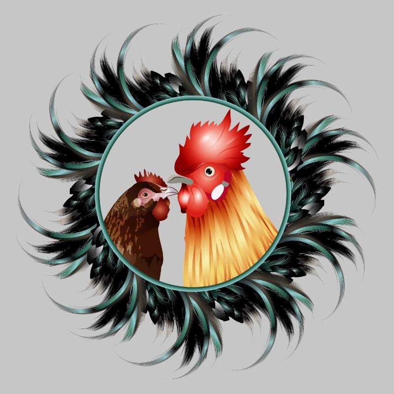 Rooster with hen in feather frame