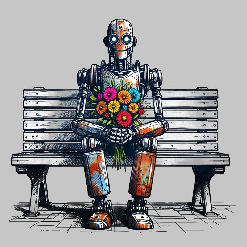 roboter bank blumen robot love rostig kunst