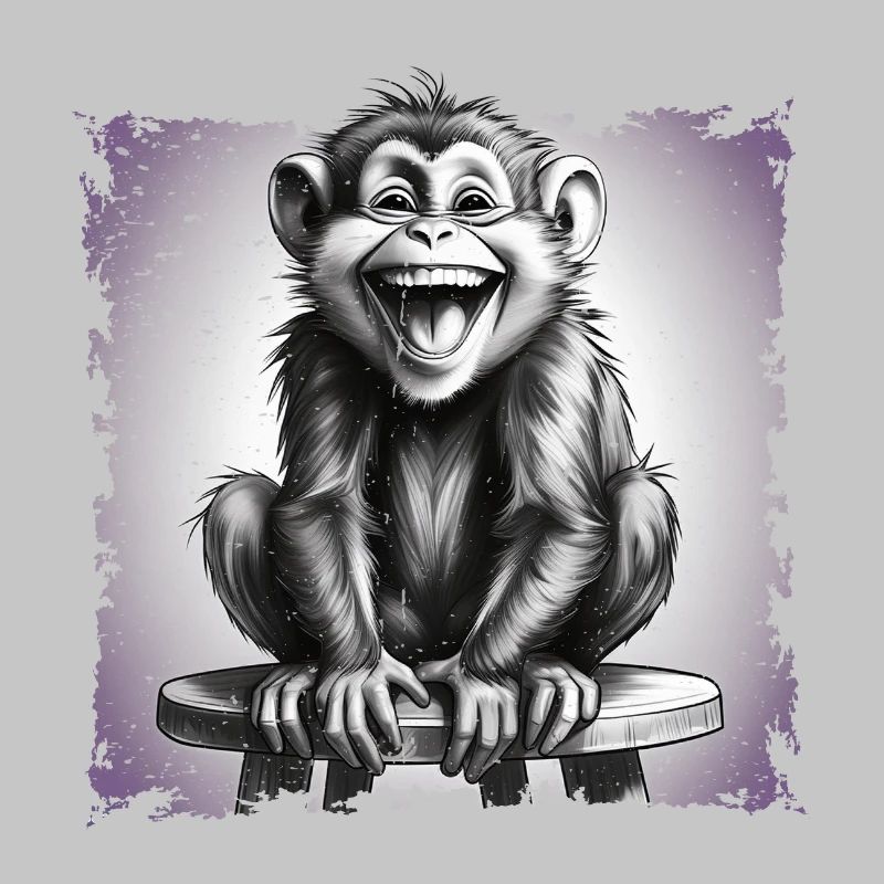 Monkey laughing sitting on stool