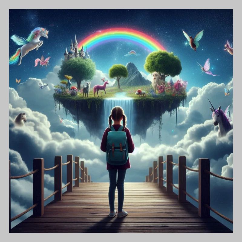 Dream island with rainbow and mythical creatures