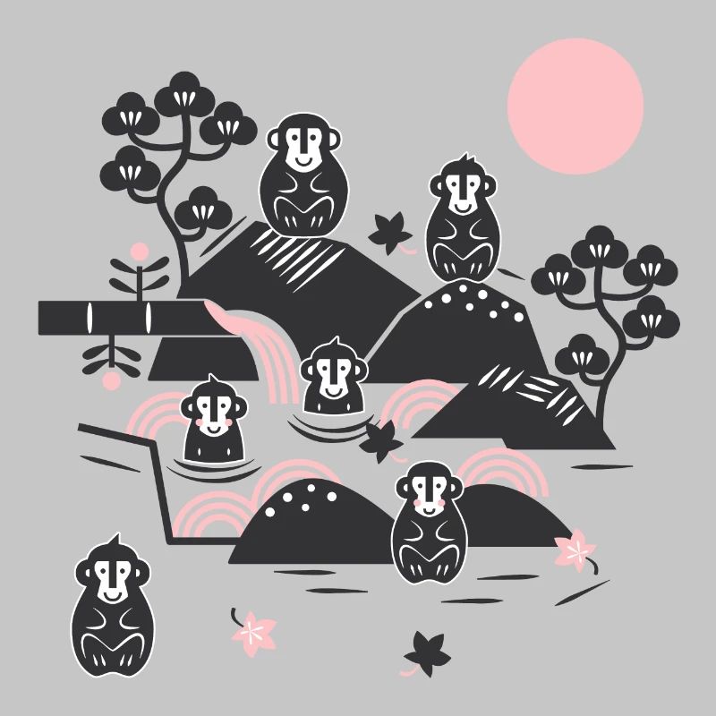 Singes effrayants dans une source chaude l noir rose