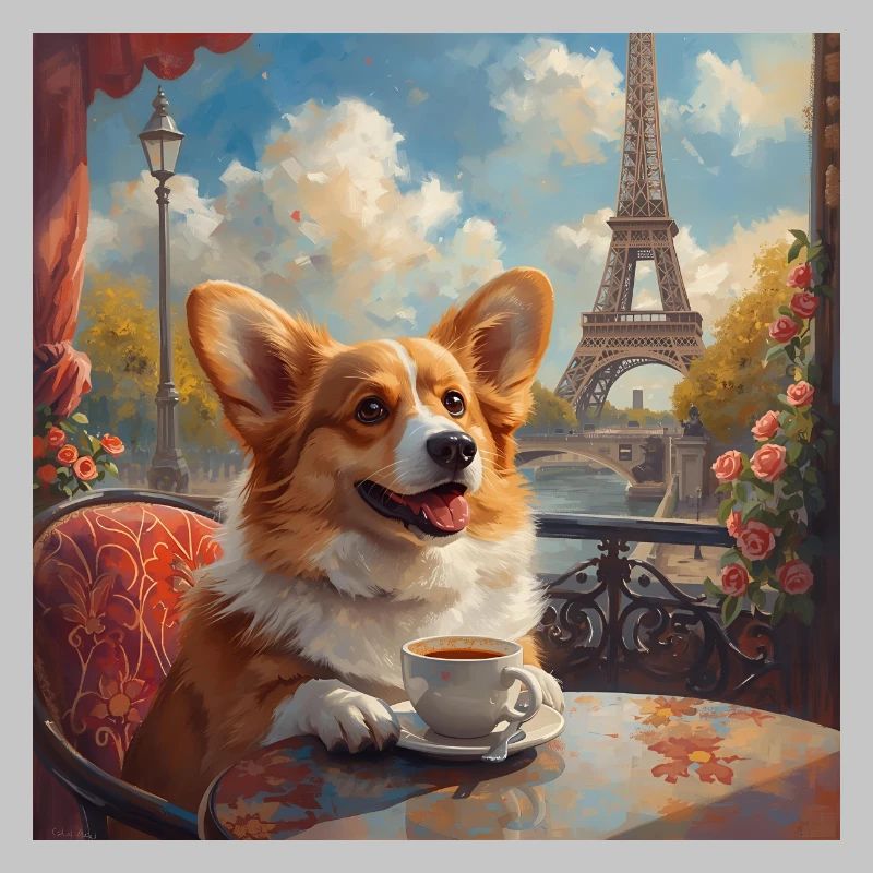 Corgi drinking coffee in front of the Eiffel Tower in Paris