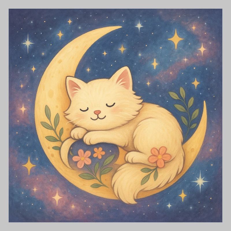 Sleeping cat on moon in starry sky