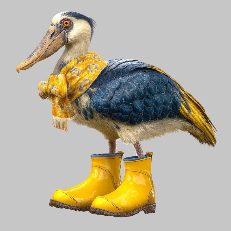 Oiseau à bec-en-sabot créatif dans des bottes en caoutchouc