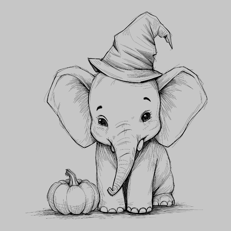 Éléphant d’Halloween avec chapeau de sorcière design mignon