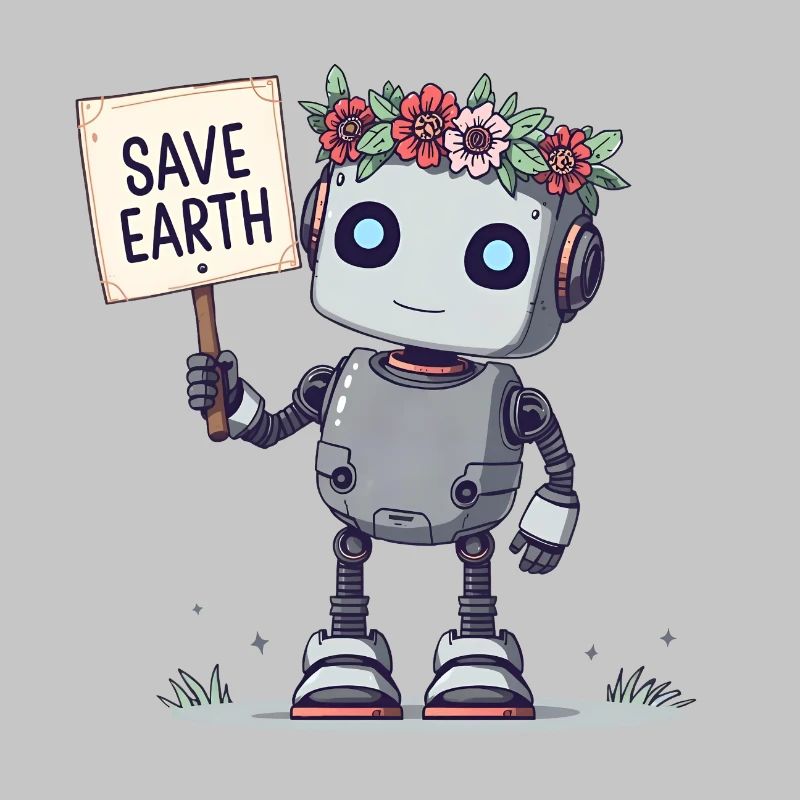 Cute Robot with Flower Crown – Save Earth