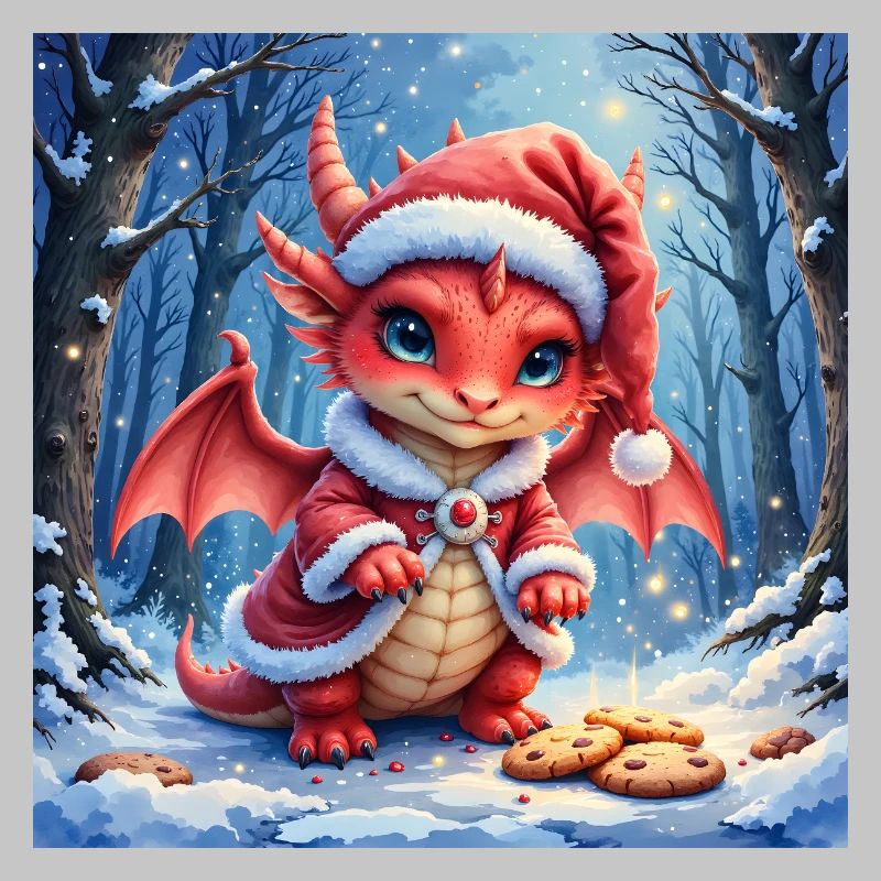 Adorable dragon de Noël dans la forêt enneigée