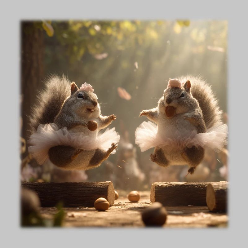 Dancing squirrels in tutu with acorns