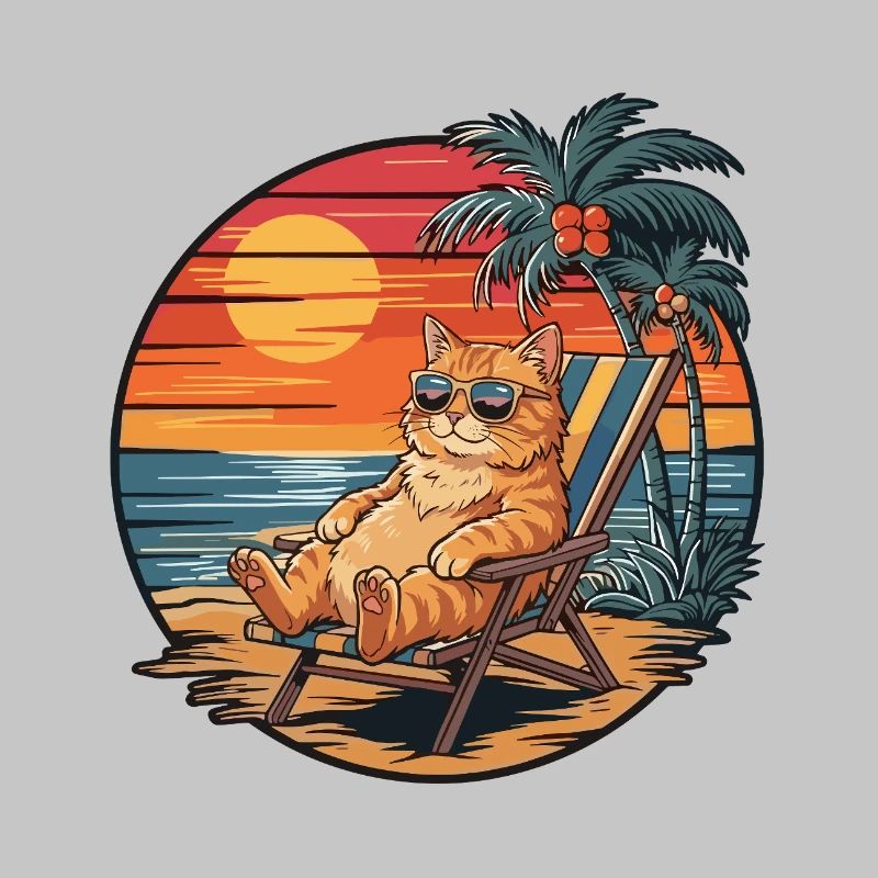 Funny Cat on Beach Summer Vacation Sunset