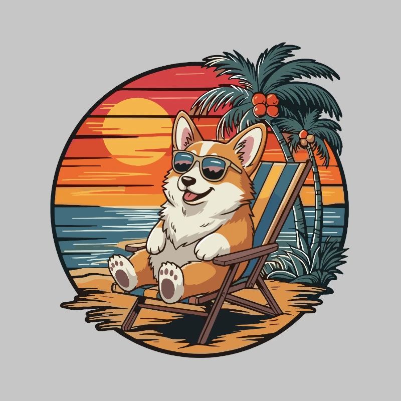 Funny Corgi Dog on Beach Summer Vacation Sunset