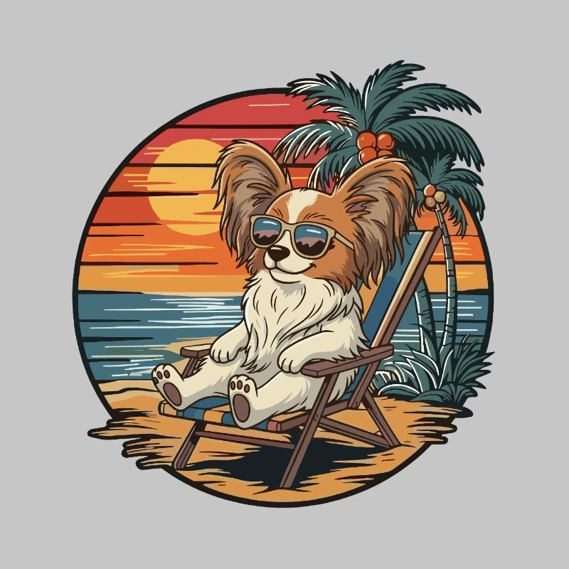 Funny Papillon Dog on Beach Summer Vacation Sunset