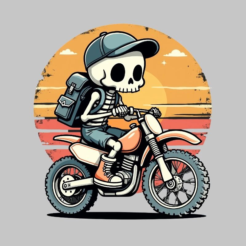 Skeleton on motorcycle in sunset