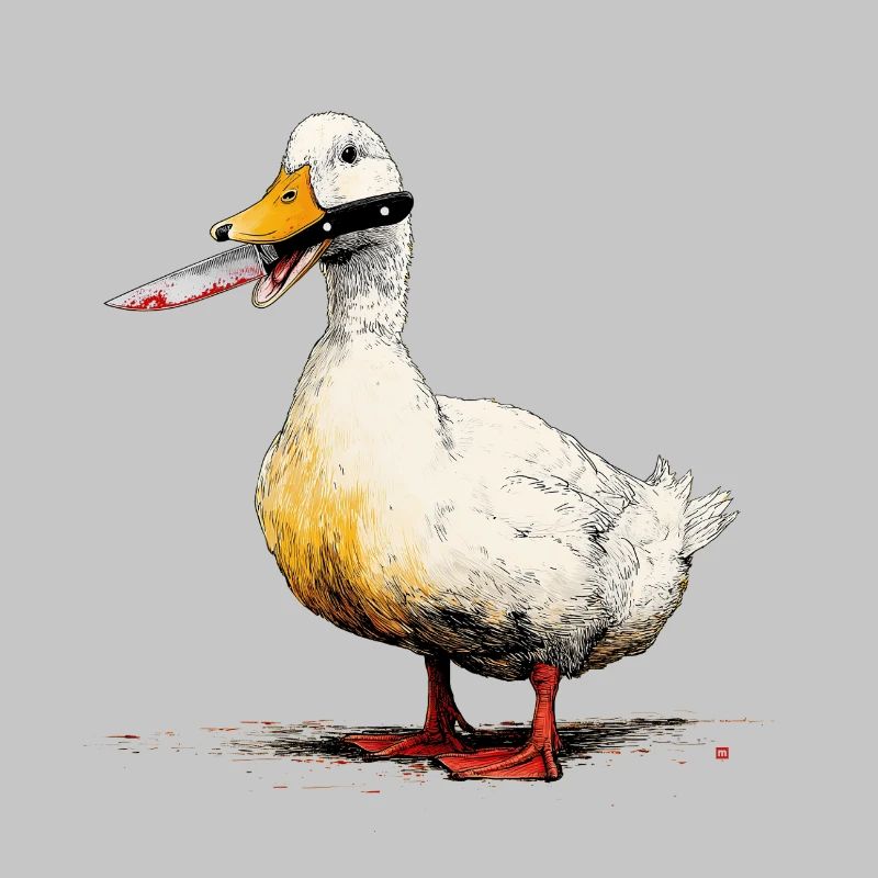 Ente mit Messer im Schnabel