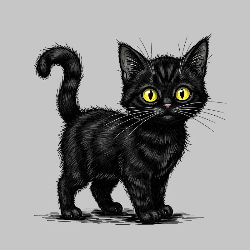 Cute Black Cat - Realistic Illustration