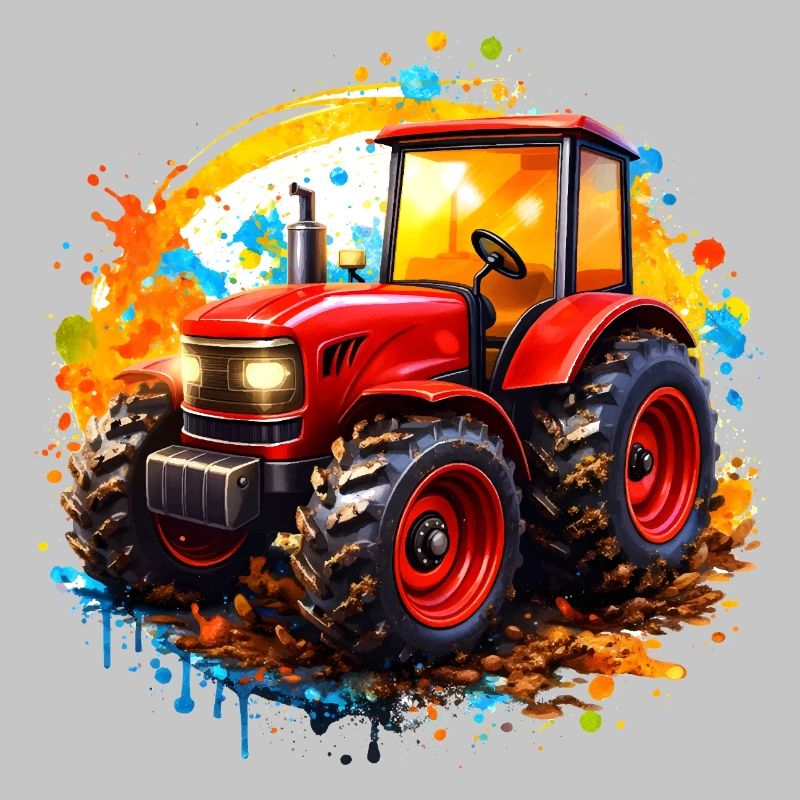 Roter Traktor mit Farbspritzern 