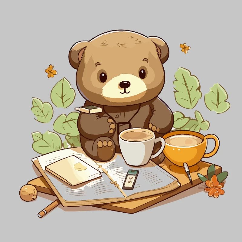 Cuddly bear reading with coffee