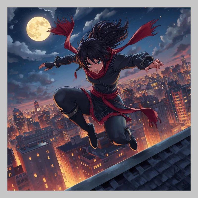 Moonlit night jump over rooftops