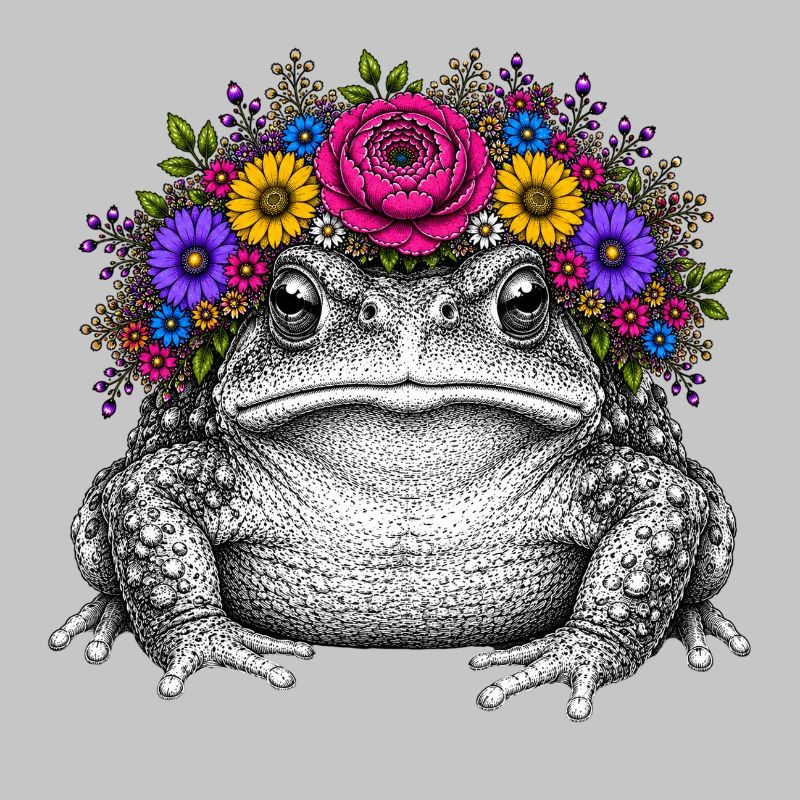 Crapaud avec couronne de fleurs