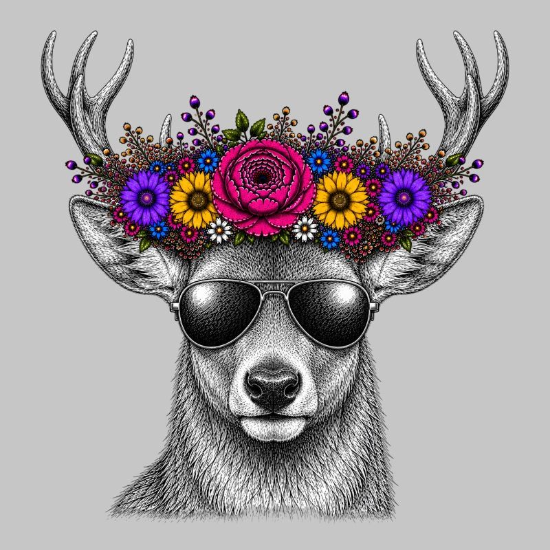 Cerf avec couronne de fleurs et lunettes de soleil