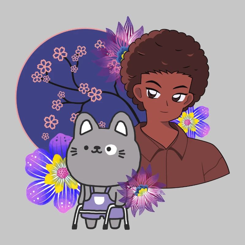 Anime-Junge und Katze mit Walker-Kunst