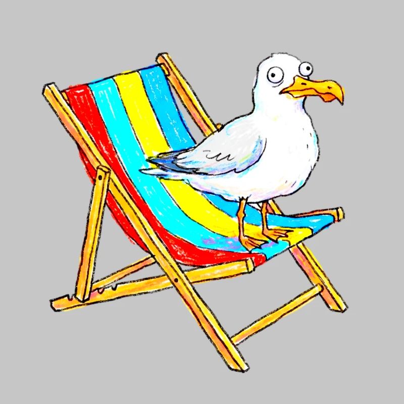 Seemöwe auf buntem Strandstuhl