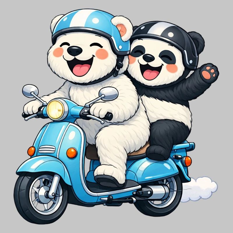 Polar Bear and Panda Bear on a Scooter