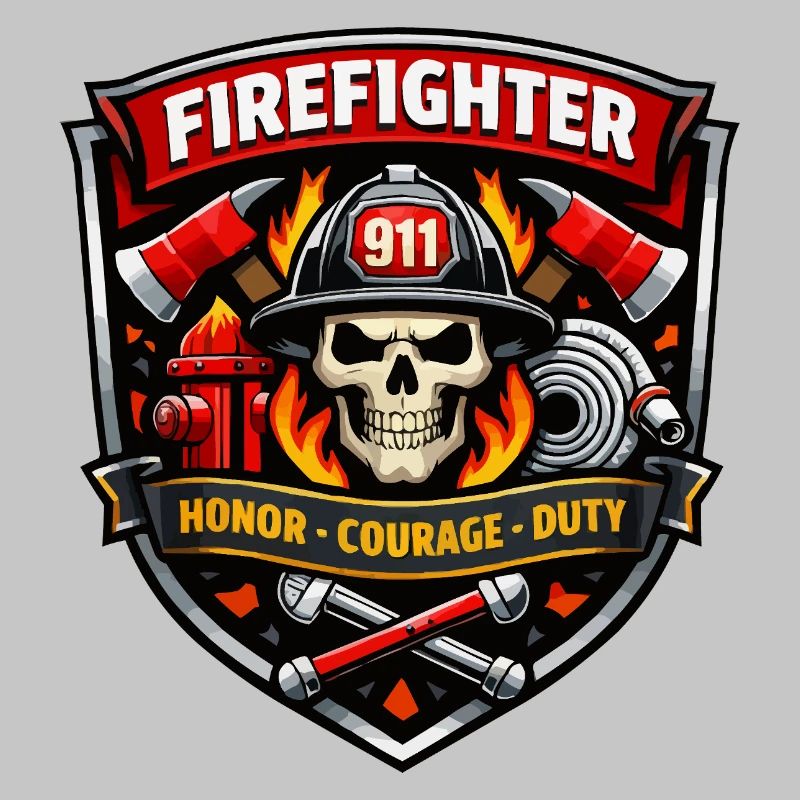 Firefighter Badge Skull Flames