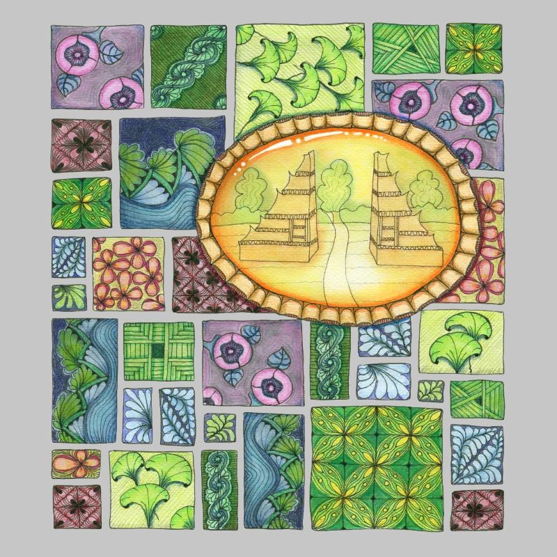 Bali temple on pattern patchwork