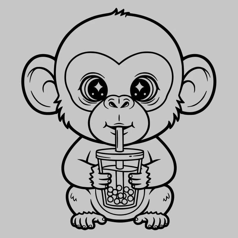 Singe mignon avec design de dessin de ligne en thé bulle