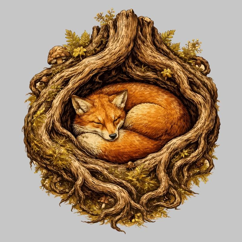 Sleeping fox in the root structure – forest motif