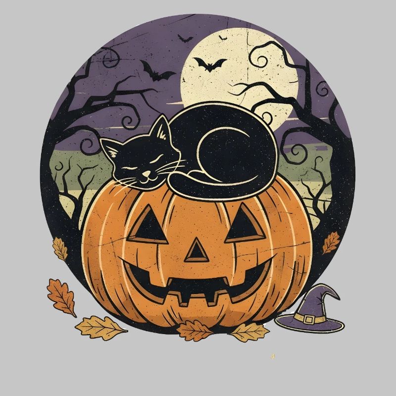 Black Cat Sleeping on Jack-o Lantern | Halloween 