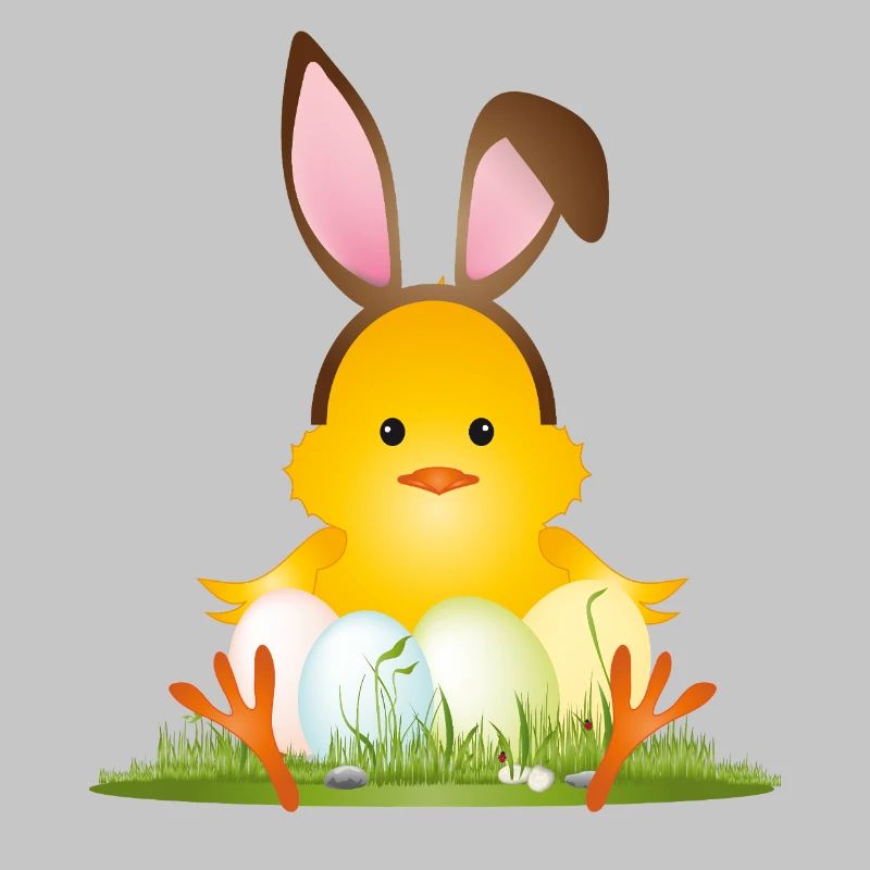 Cute Easter chick with bunny ears & Easter eggs