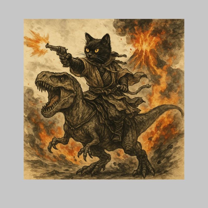 Samurai Cat Riding Dinosaur in Volcanic Eruption