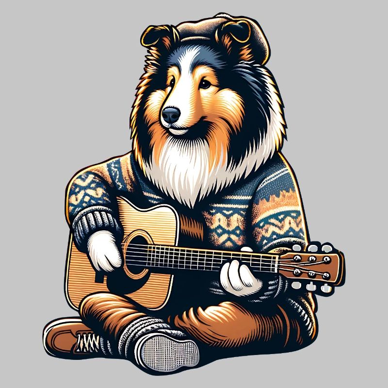 Collie Mit Akustikgitarre Im Strickpullover