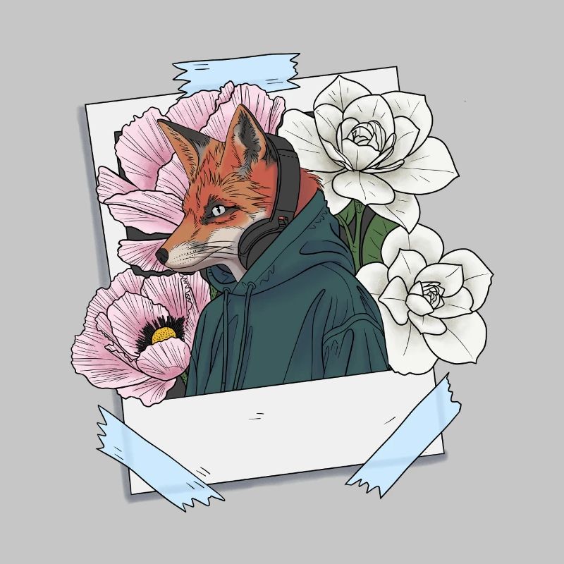 Fuchs mit Kopfhörern und Blumenthema