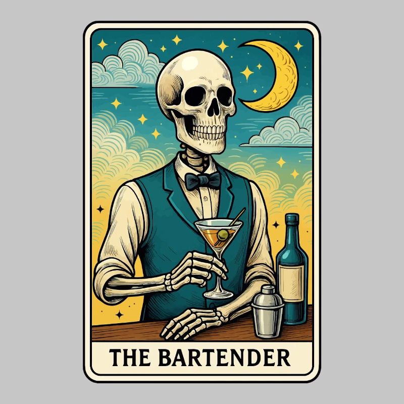 Skeleton bartender with moon sky