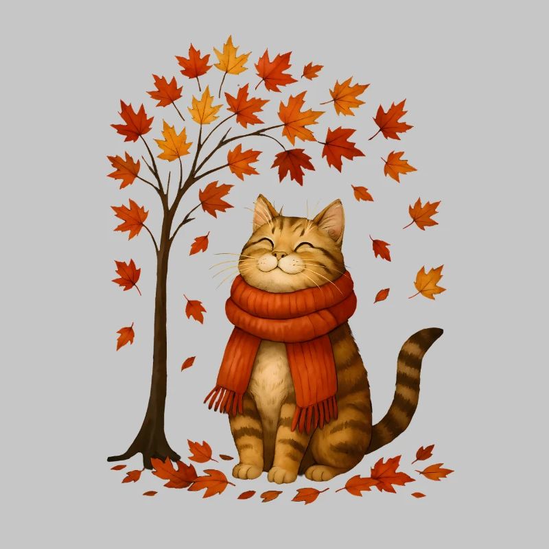 Chat d’automne avec écharpe rouge